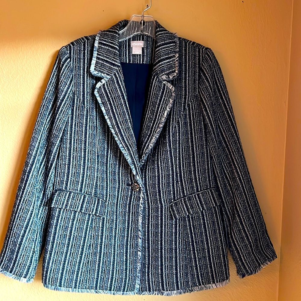 Chico’s Jacket Navy Blue and white with silver accents Chico’s 1 is US 8